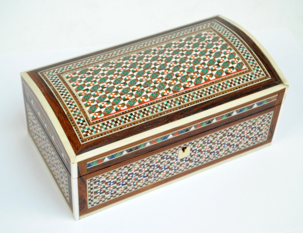 An Anglo-Indian Vizagapatam style micromosaic decorated cigar box, width 22.5cm.