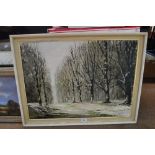 J BEETHAM; oil on canvas 'Winter, Delamere', signed, inscribed and dated 1968 verso, 52 x 72cm,