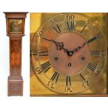 A reproduction burr walnut grandmother clock with brass dial, long door and plinth base, height 178.