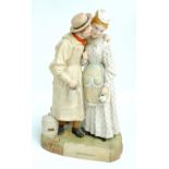 A large tinted bisque figure group 'Taking The Cream', a milkman and a maid,