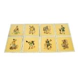 A set of 8 Pilkington's square sectioned tiles, painted with Dickensian figures on a cream ground,