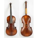 A full size German violin, unlabelled, with inlaid two-piece back, length 36.2cm.