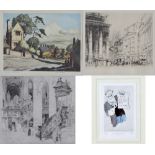 A quantity of prints including a London scene etching signed in pencil by William Walcott,