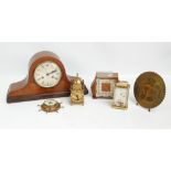 An Edwardian inlaid Napoleon hat mantel clock, the circular dial set with Roman numerals,