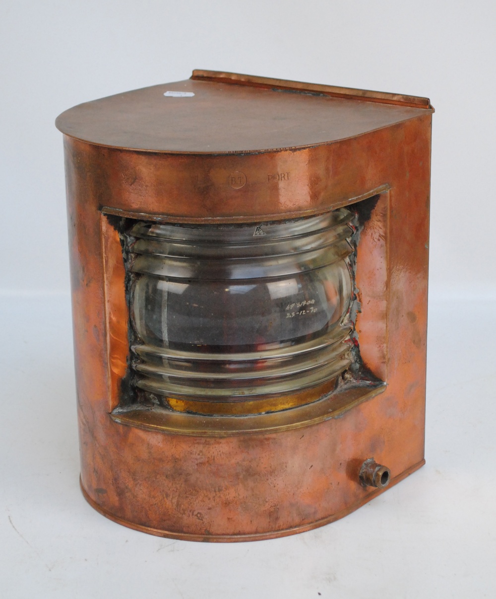 A vintage copper ships port lantern with red quarter lights, sliding back, converted to electricity,