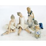 Five Nao figures; two seated ballerinas, a girl seated on a jar,