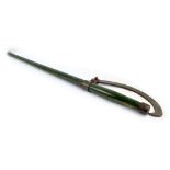 A vintage green painted wooden shafted steel bladed log roller, length 154cm.