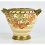 CHARLOTTE RHEAD; a Crown Ducal twin handled tubeline decorated leaf pattern vase, signed to base,