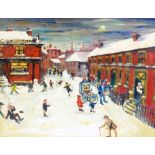 IN THE MANNER OF TOM DODSON; oil on canvas, snowy urban street scene, unsigned,