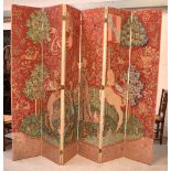 A contemporary French-style six-panel screen in linen fabric with raspberry pink ground decorated