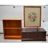 A mahogany fall-front TV cabinet with cross-banded decoration,