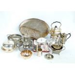 A quantity of electroplated items comprising a part gadrooned decorated spirit kettle on stand,