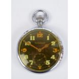 JAEGER-LECOULTRE; a mid-20th century military issue chrome cased open face crown wind pocket watch,