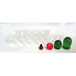 A quantity of glassware comprising a large Victorian green glass dump with bubble pattern,