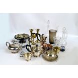 A group of electroplated items including two teapots, a pair of trumpet vases, a small toast rack,