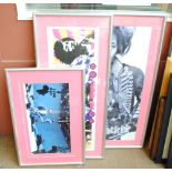 Two Jimi Hendrix posters and a poster of Midge Ure at the Live Aid concert, all in pink mounts,