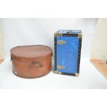 A large Rexhide faux leather circular hat box with internal leather straps, diameter 39.