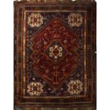 A Hamadan designed rug with red/blue ground,