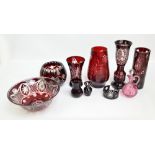 A small quantity of Bohemian ruby and clear cut glass tableware including bowls, vases, etc,