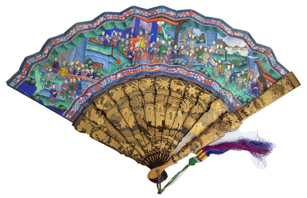 A late 19th century 'Mandarin Hundred Faces' fan with black lacquer and gilt guards and sticks