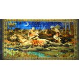 A pictorial silk rug depicting a traditional Arabian Scene, 124 x 185cm.