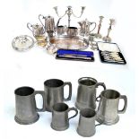 A quantity of silver plate including four piece tea set, tray, two entree dishes and covers.