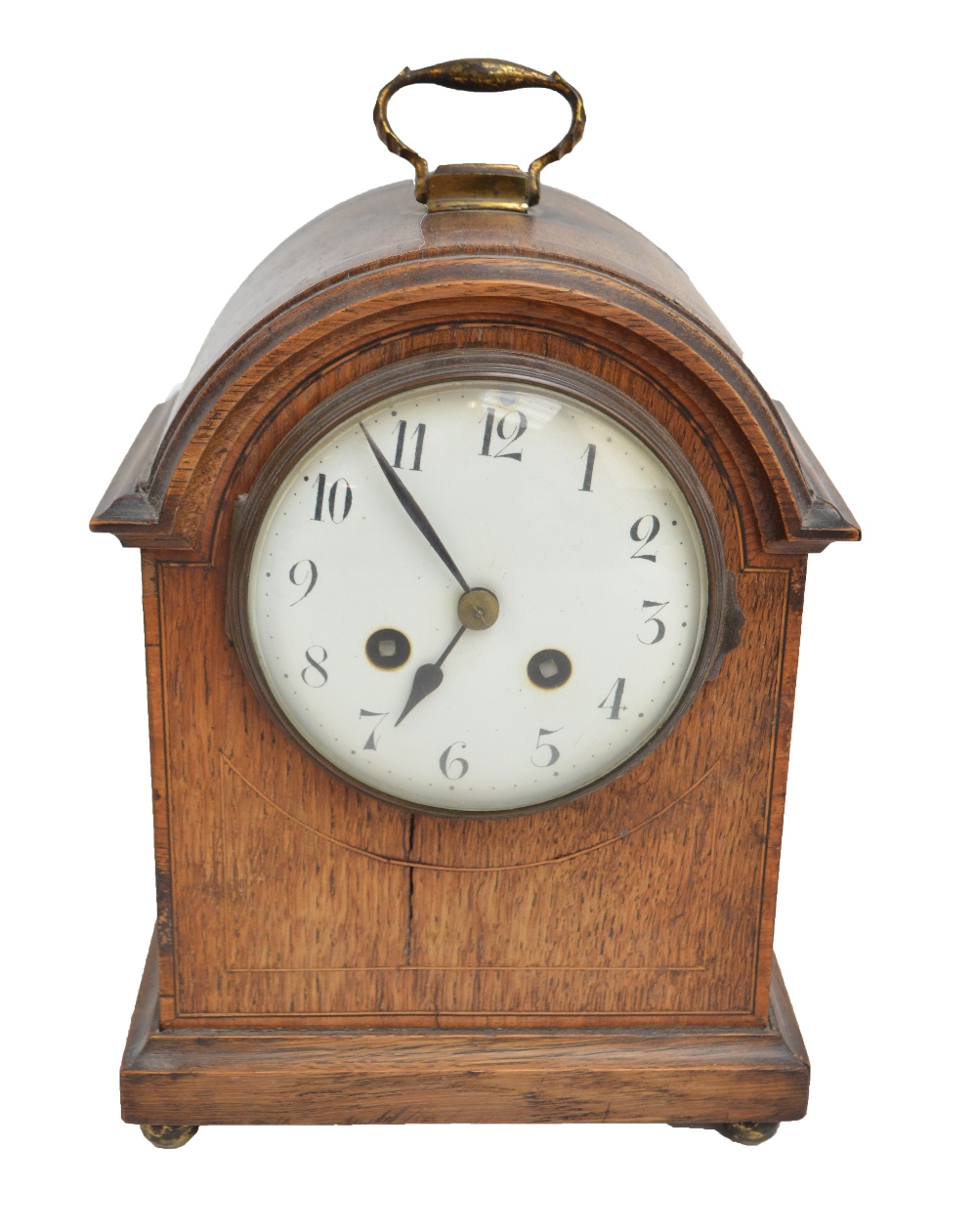 An Edwardian oak and inlaid domed eight days mantel clock, - Image 2 of 2