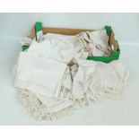 A quantity of linen and crochet lace items including lace edged cloths, embroidered work,