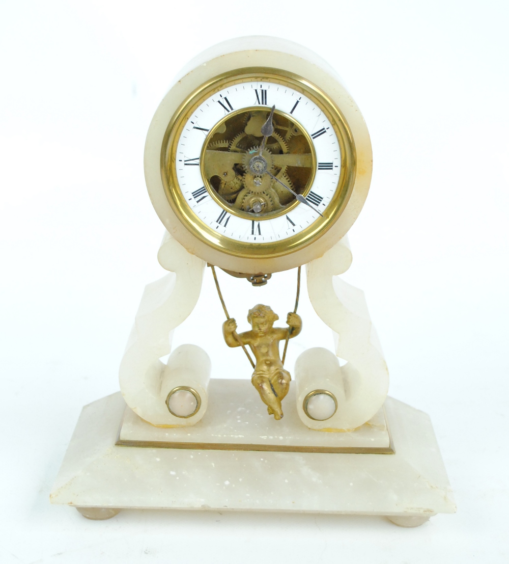 A late 19th century framed alabaster and gilt metal detailed thirty hour mantel clock, - Image 2 of 2