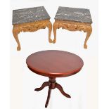 A pair of modern faux marble topped side tables on pierced and carved bases with cabriole legs to