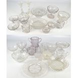 EDWARD MOORE; a large quantity of clear pressed glass including two tazza, a pair of candlesticks,