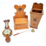 An oak candle box, an oak salt box, a modern barometer, a brass candle snuffer, and a mirror (5).