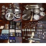 A large quantity of electroplated items to include three piece tea set, an entree dish,