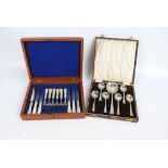 Mahogany cased set of six mother of pearl handled knives and forks,