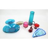 A collection of mid-20th century coloured glass including bowls, an oil jar,