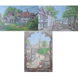 Three Brocklehurst-Whiston Macclesfield silks; 'Prestbury Village' with red mini,