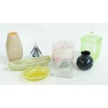 A group of glass to include an Isle of Wight glass pink and opalescent green decorated planter,