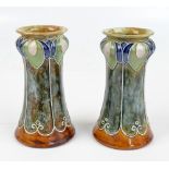 A pair of Royal Doulton tapering vases with garlic neck, flared rim and tube lined decoration,