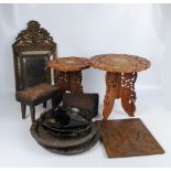 A decorative brass adorned wall mirror, a carved wooden box, folding table, papier mâché trays, etc.