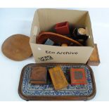 A quantity of treen including a Victorian bead work decorated tray, various trinket boxes,