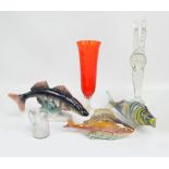 A collection of mixed glassware including a Murano fish, a tall figure group ornament, height 48cm,