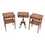 A pair of reproduction small crossbanded single drawer side tables and another similar (3).