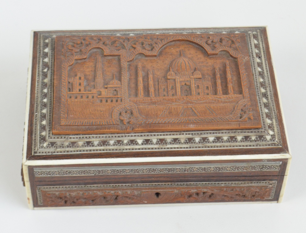 An Anglo-Indian Vizagapatam jewellery box, set with sandalwood panel to the top,