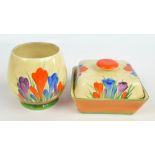 CLARICE CLIFF; a Newport Pottery crocus decorated butter dish of rounded square section form,