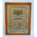 A Victorian worked sampler with depiction of Lady Crewe's Free School and the school gate