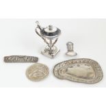 A small group of white metal and electroplated items including an Italian urn shaped mustard pot