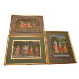 Three Mughal-style watercolours on silk of female figures in various dancing poses with scenic