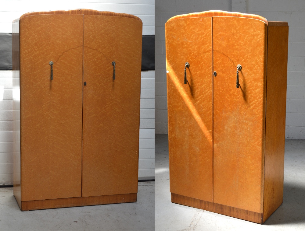 A mid 20th century bird's-eye maple two-door gentlemen's wardrobe, 124 x 187cm,