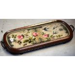 A Victorian mahogany inlaid beadwork tray with swallow and rose decoration, length 58cm.