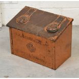 An Arts and Crafts style copper-clad coal bin with sloping hinged lid, width 48cm.